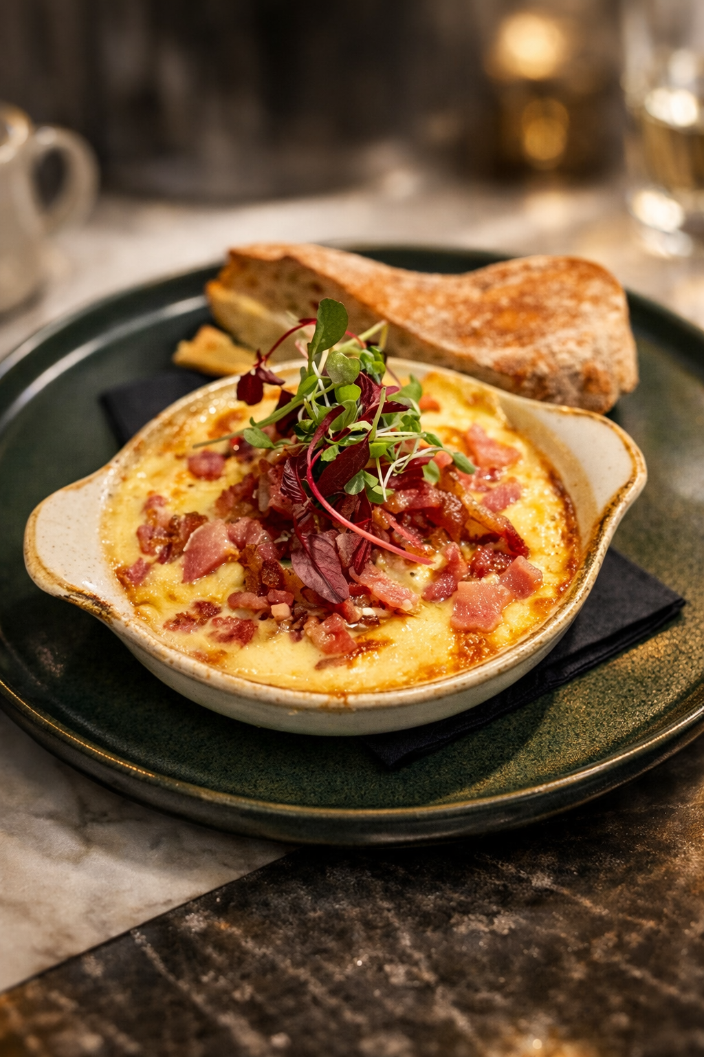 A complete white breakfast bowl with toast and fresh garnish, photographed at Café No.4