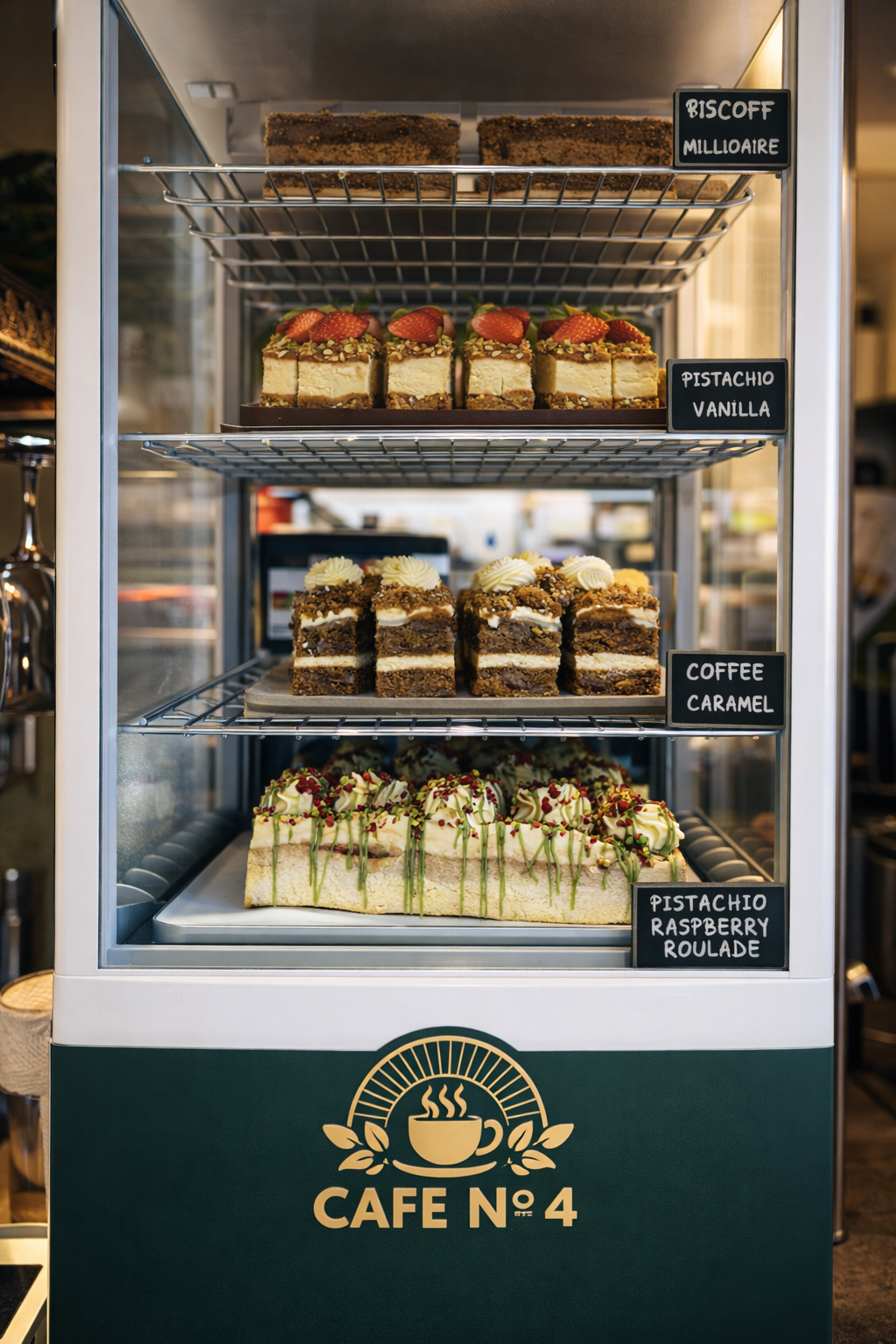 Café No.4’s cake cabinet, with whole cake slices on shelves and its green and gold café branding