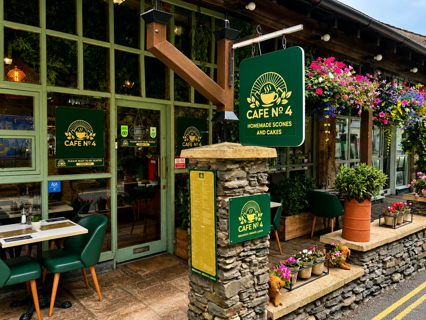 Café No.4’s complete green shop door, hanging café sign, flower baskets and stone entrance